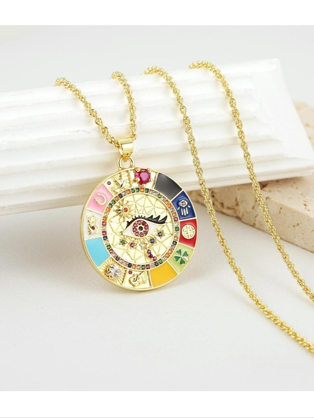 Gold Multi-Color Enamel Lucky Eye Pendant Necklace - Picture 2 of 7